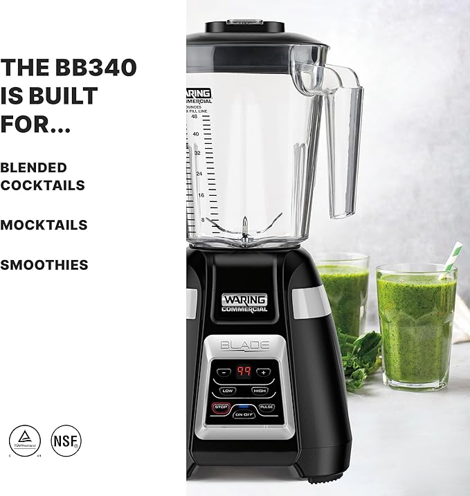Waring Commercial BB340 Blade 1 HP Blender 2-Speed Key Pad with Pulse and 99 Second Countdown Timer  48 oz BPA Free Copolyster Container 120V 5-15 Phase Plug Black