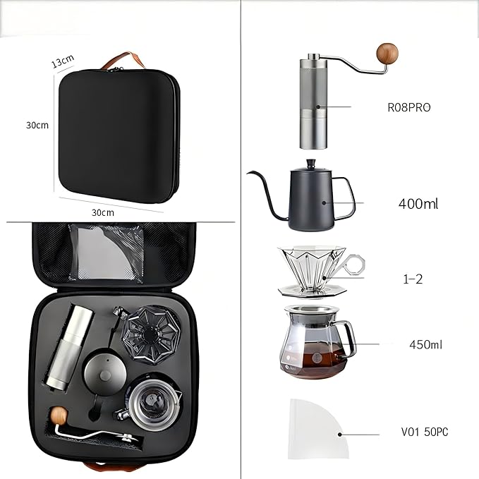 Pour Over Coffee Maker SetAll in One Travel Coffee Kit with Manual Burr Grinder Stainless Steel Mug &amp Reusable Filter - Complete Coffee Dripper Set for Camping Hiking &amp Office