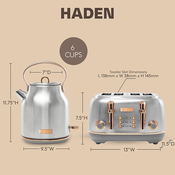 Haden Heritage 4 Slice Wide Slot Stainless Steel Toaster Bundled with 1.7 Liter Stainless Steel Electric Water Kettle Steel &amp Copper