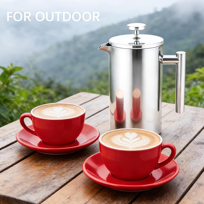 French Press Coffee Maker 304 Grade Stainless Steel French Press with 2 Extra Filters for Home Office Travel Camping - 34OZ/1 Litre (Sliver)