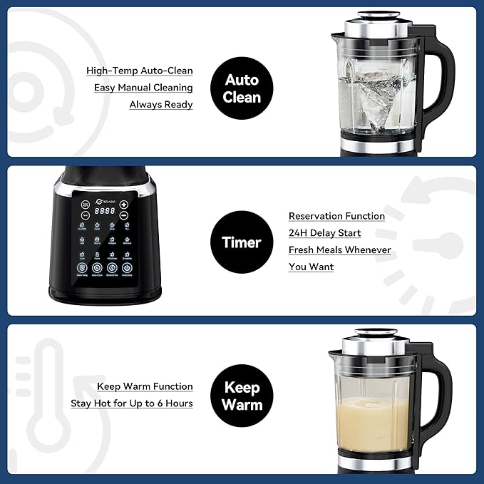 Blenders for Kitchen with Tamper 1500W Adjustable 26000-60000RPM High Speed Food Processors Stainle Black Glass jar blender with Keep Warm 14 Preset Functions &amp Auto Clean for Smoothies Soups M