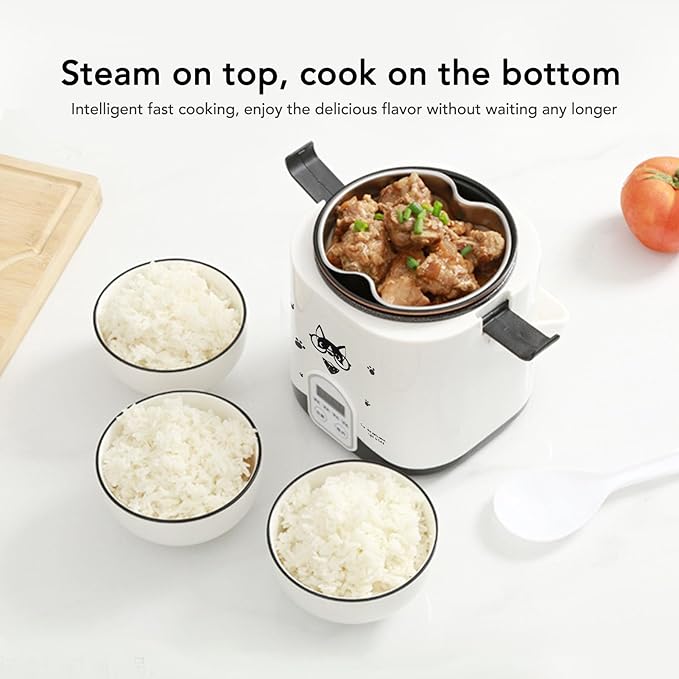 Rice Cooker 1.2L Small Rice Cooker with Non Stick Inner Pot Steaming Plate Rice Spoon 24H Reservation And Temperature Control for Car Camping Travel