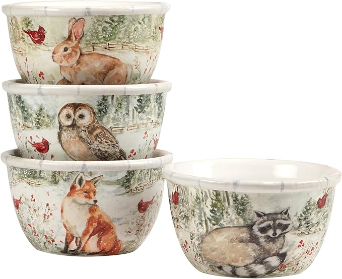 Winter’s Walk 16-Piece Ceramic Dinnerware Set Service for 4 – Bring woodland charm to your table with foxes owls and deer in a serene snowy forest design perfect for cozy winter gatherings