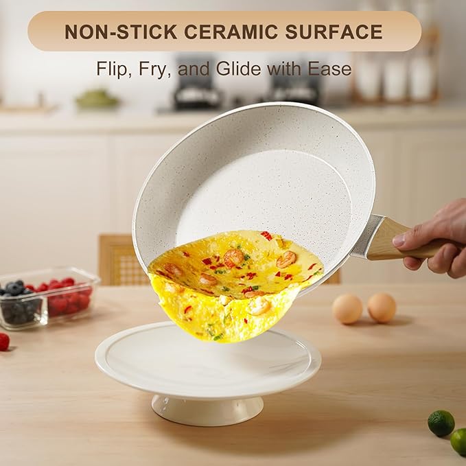 EWFEN 25 Pcs Pots and Pans Set Nonstick Ceramic Cookware Sets Healthy Non-Toxic Large Capacity Induction Compatible Cooking Set with Frying Pans &amp Saucepans PFAS/PTFE/PFOA Free Cream White