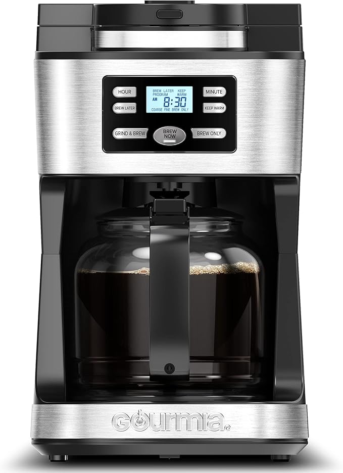 Gourmia Digital Coffee Machine 12Cup FullyAutomatic Large coffee maker integrated CoffeeGrinderPotstainless steel mesh coffee filter 4Hr KeepWarm and Freshness Indicator GCM3180Black and Silver