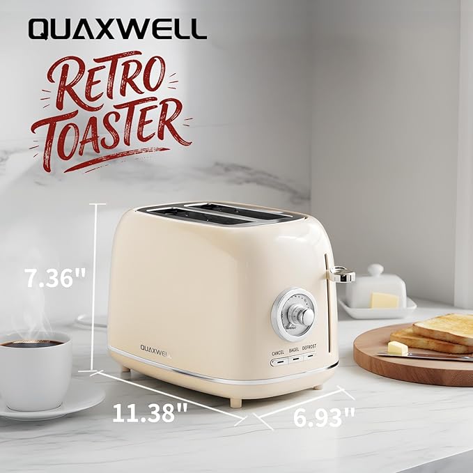 2-Slice Toaster Wide Slots 7 Bread Shade Settings Stainless Steel Bagel Cancel and Defrost Functions Removable Crumb Tray Retro Style ToasterBeige