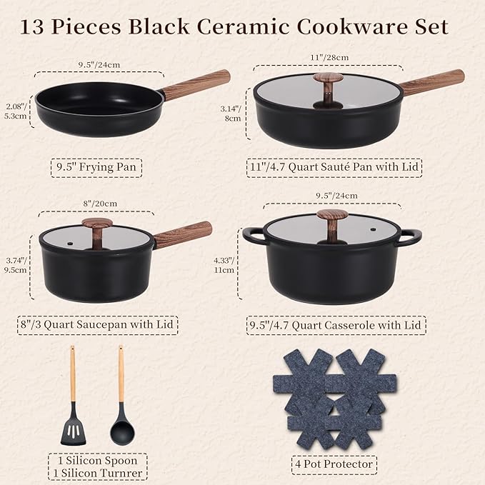 JEETEE Ceramic Cookware Set 13 Pcs Pots and Pans Set Nonstick with Rotation Removable Handles Healthy Non-Toxic Cooking Set for All Stoves Stackable Pots Pans Oven Safe PFOA/PFOS Free Black