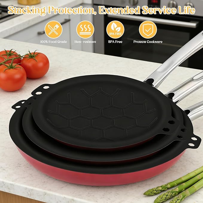 3 Piece Set Silicone Pan Protectors (Includes 81012) Pan Separators for Stacking Compatible with Hexclad Tfal All-Clad Nonstick Frying Pans and More Cookware Protector Dishwasher Safe Black