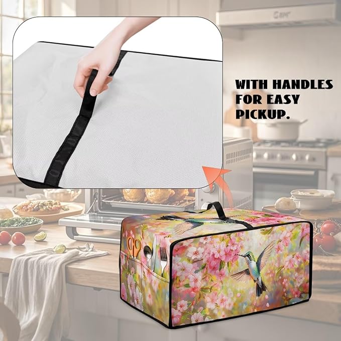 Toaster Oven Cover Heat-Resistant Dust-proof Air Fryer Protective Covers with Organizing Side Pockets to Hold Jam Spreader Knife &amp Toast Machine Tongs Cute Hummingbird