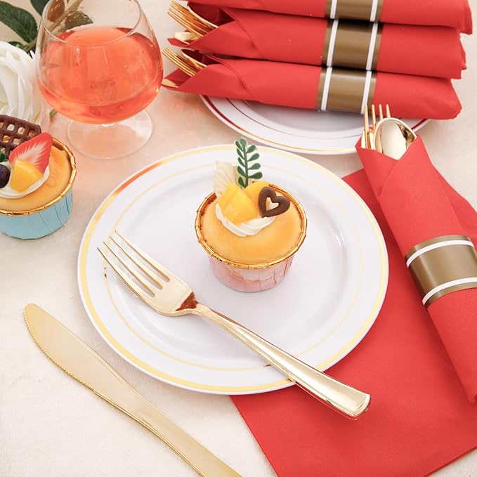 Nervure 400PCS Pre Rolled Gold Plastic Silverware Sets - Heavy Duty Gold Cutlery - Include 100 Pack Wrapped Disposable Utensils with Red Napkins for Christmas &amp Party &amp Wedding