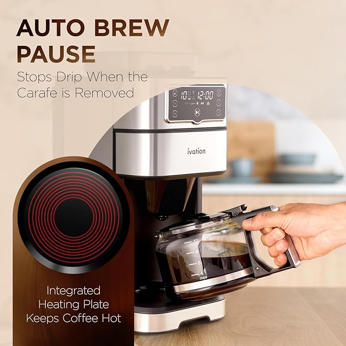 Ivation 2-in-1 Drip Coffee Maker &amp Grinder – Programmable Auto Brew &amp Timer - Warming Plate - 10 Cup - Reusable Filter Basket – 1.5L Water Tank – 1000W - Pause and Pour