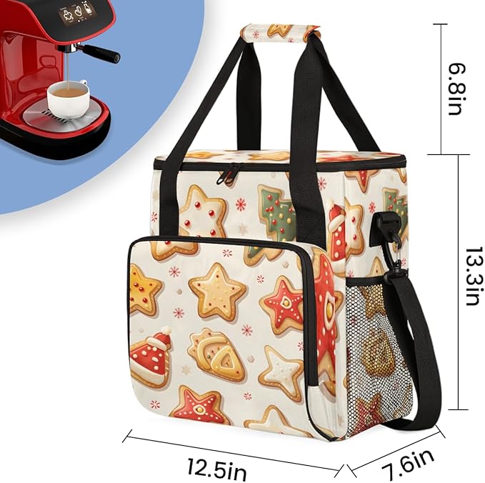 Cute Xmas Biscuit Coffee Maker Carrying Bag Portable Travel Storage Tote Bag Compatible with K-Mini or K-Mini Plus Single Serve Coffee Brewer Carrying Case with Multiple Pockets &amp Shoulder Strap