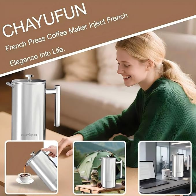 Premium Stainless Steel French Press Coffee Maker (5 Pack Filter)- 34oz/1L Thermal Insulated 304 Rust-Proof Metal Press - Heat-Resistant Ergonomic Handle BPA Free(Dishwasher Safe)