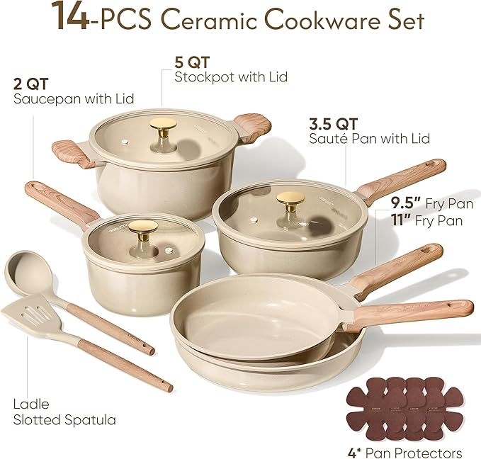 CAROTE 14Pcs Pots and Pans Set Non stick Ceramic Cookware Set Non-toxic Kitchen Cooking Set PFAS and PFOA Free