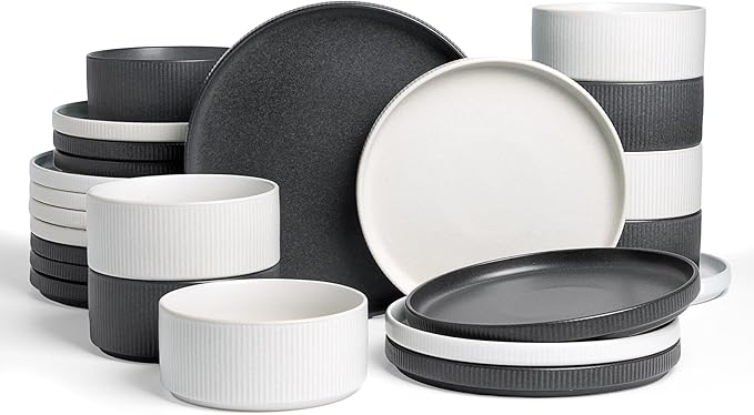 Famiware Star Dinnerware Set Plates and Bowls Sets for 8 (24pcs) Ribbed Stoneware Dishes - Chip &amp Scratch Resistant Microwave &amp Dishwasher Safe Multicolor - Matte White &amp Matte Dark Ch