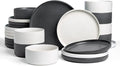 Famiware Star Dinnerware Set Plates and Bowls Sets for 8 (24pcs) Ribbed Stoneware Dishes - Chip &amp Scratch Resistant Microwave &amp Dishwasher Safe Multicolor - Matte White &amp Matte Dark Ch