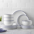 Stoneware Dinnerware Set with Blue Rim 12-Piece White