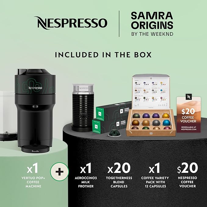 Nespresso Vertuo Pop+ Coffee and Espresso Maker by Breville Samra Origins by The Weeknd Vertuo Metad Green Machine and Nespresso Aeroccino3 milk frother