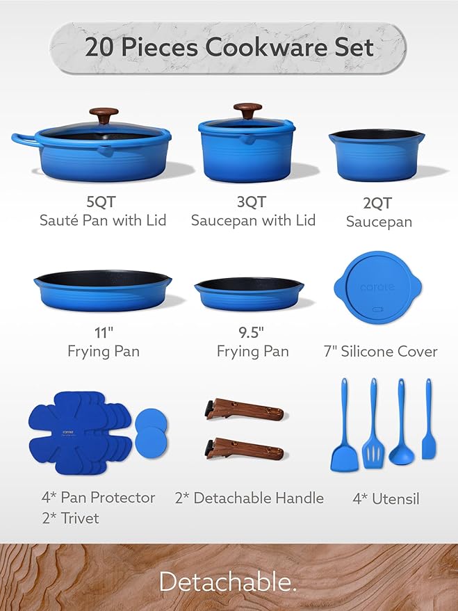 CAROTE 20Pcs Titanium Cookware Set Pots and Pans Set Non Stick Kitchen Cooking Set with Detachable Handle Non Toxic Induction Cookware - Camping Cookware Dishwasher/Oven Safe Blue