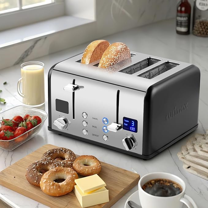 CUSIMAX 4 Slice Toaster with Smart LED Display Stainless Steel Toaster with Exart Wide Slots 6 Shade Settings Bagel Defrost and Cancel Fuction 1650 Watts Removable Crumb Trays Black
