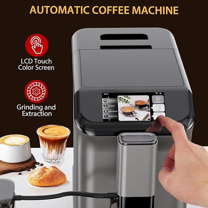 Fully Automatic Espresso Machine with Milk Frother Built-in Grinder 4 Coffee Options Touchscreen Display and Sleek Modern DesignGrey