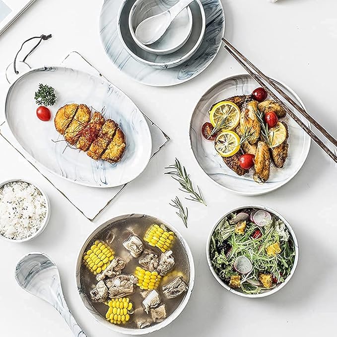 Dinnerware Sets - Luxury Gift Dishes Service Set Ceramic Dinnerware Sets Ins Nordic Creative Plate and Bowl Set Marble Pattern Kitchen Kitchen Plate Set Dishwasher Microwave Safe(28Pcs)