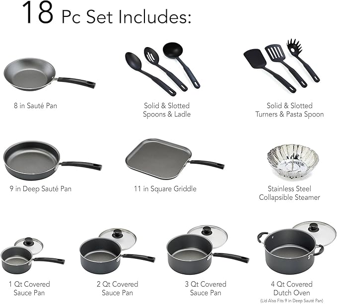 18-Piece Non-Stick Cooking Set (Steel Gray) – Versatile Easy-Clean Compatible with Multiple Stove Types