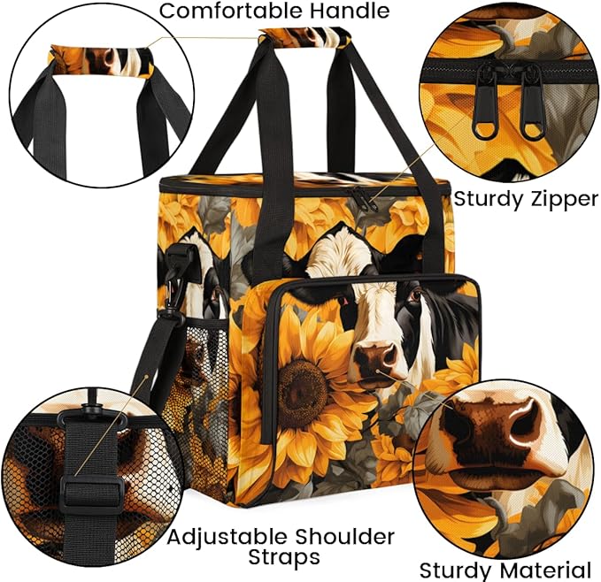 Cow Sunflowers Coffee Maker Carrying Bag Portable Travel Storage Tote Bag Compatible with K-Mini or K-Mini Plus Single Serve Coffee Brewer Carrying Case with Multiple Pockets &amp Shoulder Strap