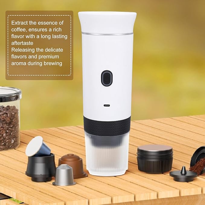 Portable Coffee Maker Rechargeable Electric Handheld Car Coffee Machine for Travel Office Home One Operation 2500mAh Battery 698g Lightweight (White)