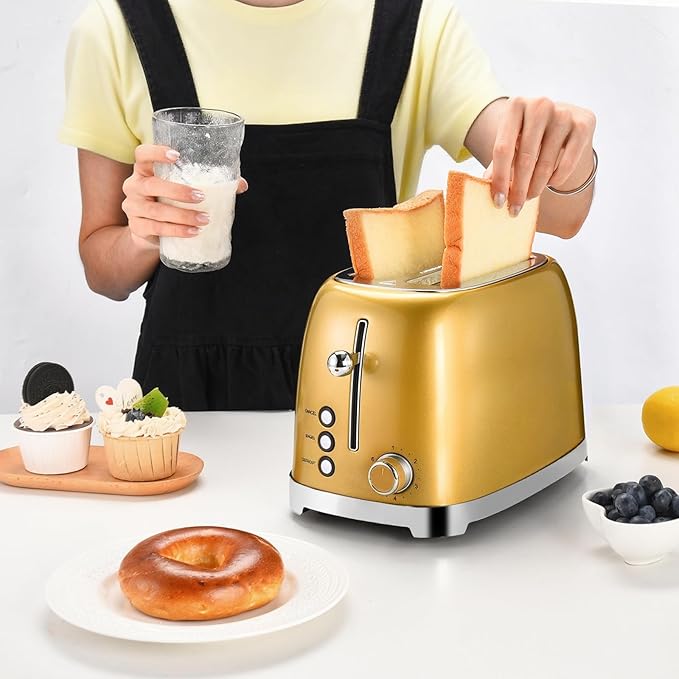Gold 2 Slice Toaster Wide Slot Stainless Steel 6 Shade Settings Bagel Defrost &amp Cancel Functions Removable Crumb Tray Different Toast Sizes Cord Wrap 825w