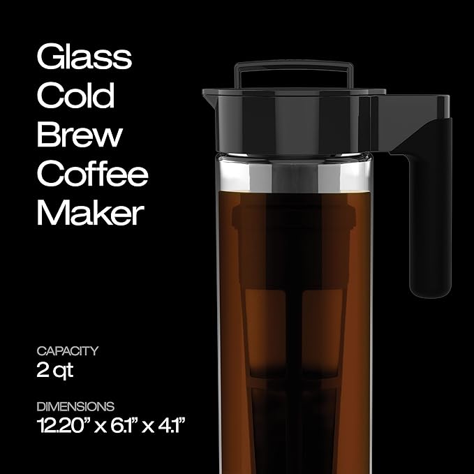 Takeya Glass Cold Brew Coffee Maker for Iced Coffee Airtight Pitcher Premium Quality 2 Quart Black Lid and Handle