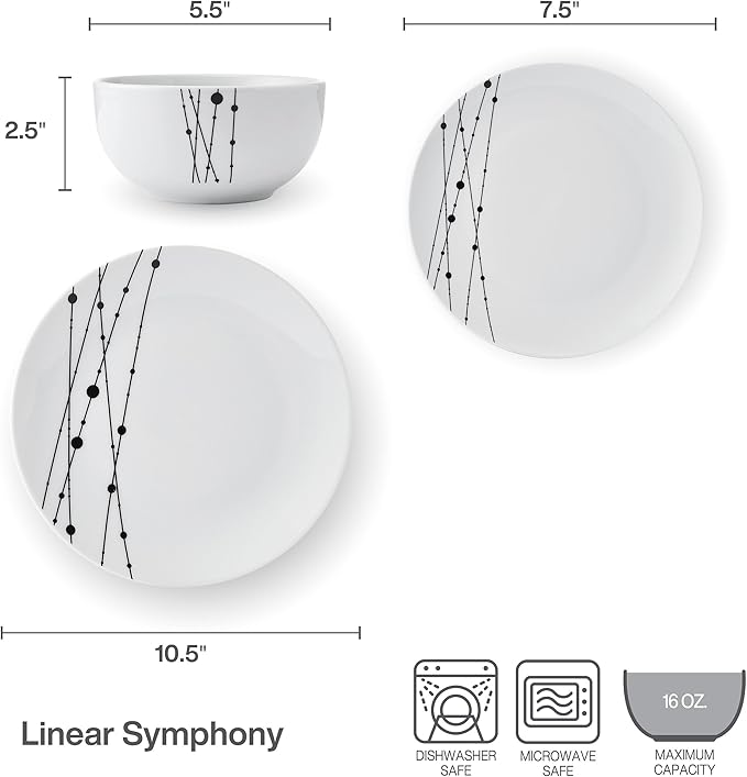 Studio Nova Linear Symphony 12 Piece Dinnerware Plate Bowl Set Service for 4