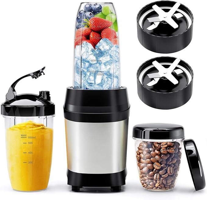 Nahida Blender for Smoothies 1200W Smoothie Blender for Ice Crushing Blenders with (2) 6-Fin Blades Personal Blenders for Kitchen with 23oz 32oz 37oz Easy Go Cups for Juices Silver