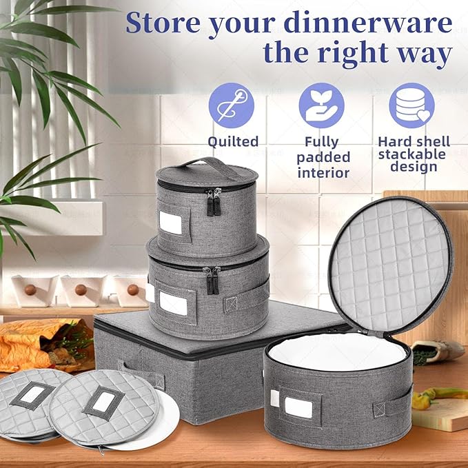 LUXULA China Storage Containers for 12 Place Setting with Two Plate Bags 5 Pcs Hard Shell Quilted China Storage Cases for Dinner Plates Salad Plates Dessert Plates Saucers Cups &amp Mug Storage