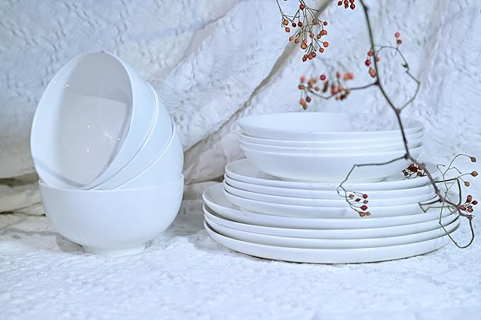 Lily Bone China Dinnerware Set 16 Pieces Service for 4 White Plates Dishes Bowls Set Microwave and Dishwasher Safe