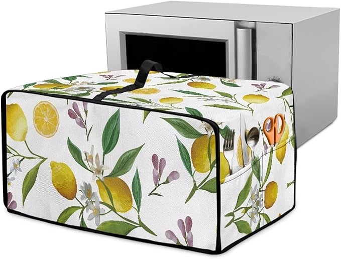 Heat-Resistant Toaster Oven Cover Faux Linen Polyester Appliances Dust Cover for Convection Toaster Oven Air Fryer with Top Handle Side Pockets Fruit Lemon