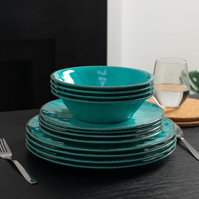LEHAHA Rustic Melamine Dinnerware Sets 12-piece Dishes Plastic Dinnerware Set for 4 Break-resistant Plates and Bowls Set Outdoor Casual &amp Party Use Kitchen Dishes Set Teal…