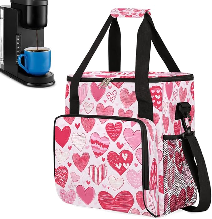 Valentine Pink Red Heart Coffee Maker Carrying Bag Coffee Machine Travel Storage Bag Compatible with K-Mini or K-Mini Plus Portable Single Serve Coffees Brewer Case with Pockets for K-Cup Pods