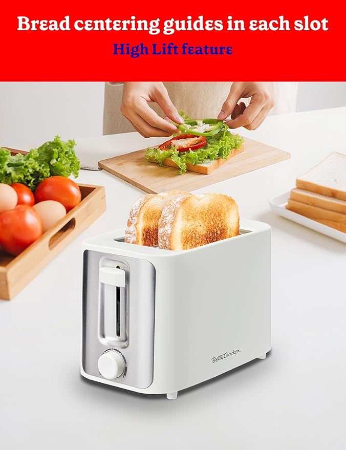 Betty Crocker 2-Slice Toaster 900W Variable Toast Shade Control High Lift Feature Cool Touch Housing Bread Centering Guides Drop Down Crumb Tray BC-5632W White