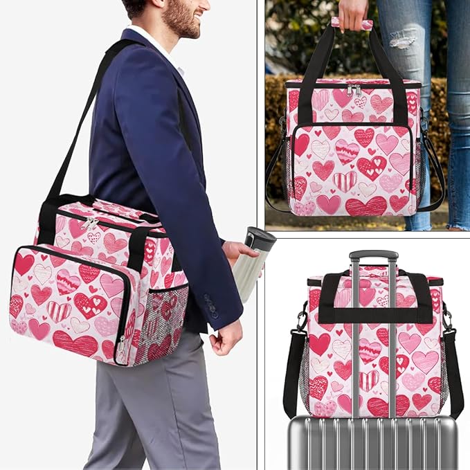 Valentine Pink Red Heart Coffee Maker Carrying Bag Coffee Machine Travel Storage Bag Compatible with K-Mini or K-Mini Plus Portable Single Serve Coffees Brewer Case with Pockets for K-Cup Pods
