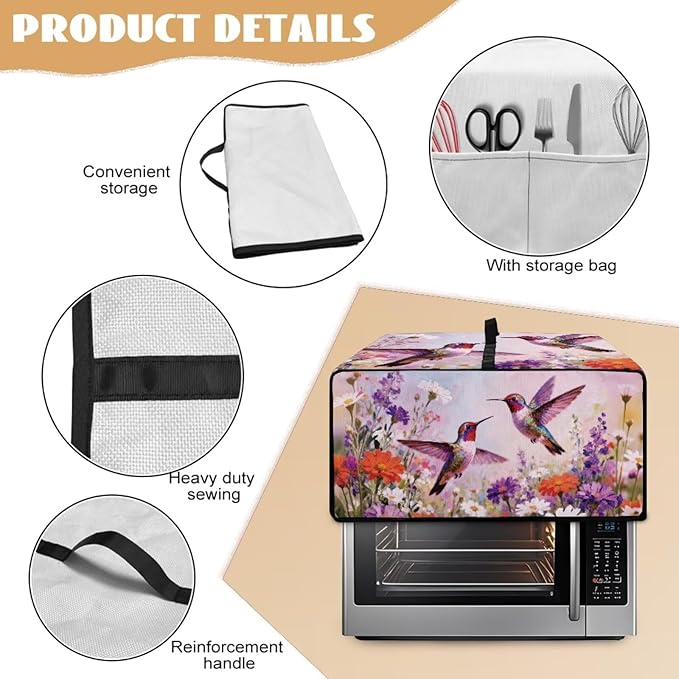 Toaster Oven Dust Cover Hummingbird Daisy Print Bread Maker Cover Machine Washable Kitchen Small Appliance Protector with Side Pockets Kitchen Decorations S