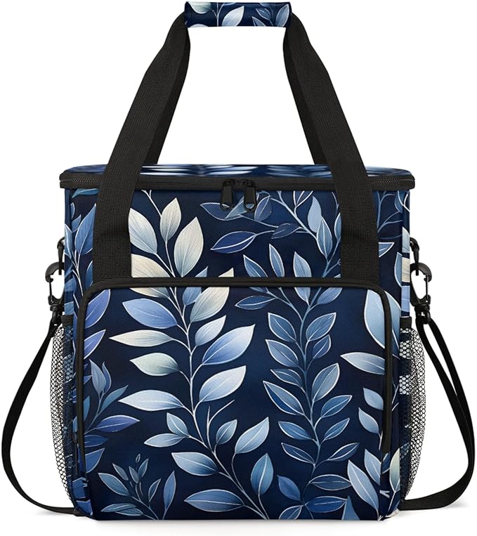 Leaves Print Coffee Maker Travel Bag for Keurig K-Mini/K-Mini Plus Insulated Waterproof Tote with Pockets for K-Cup Portable Single-Serve Brewer Case