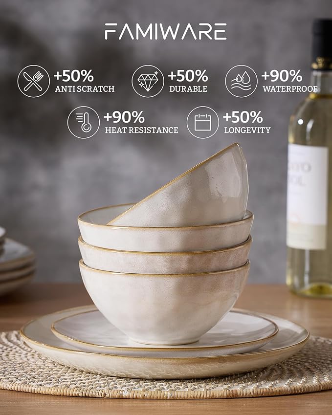 Famiware Ocean Round Plates and Bowls Set 18 Pieces Dinnerware Sets Dishes Set for 6 Reactive Glaze Microwave and Dishwasher Safe Scratch Resistant Cappuccino White