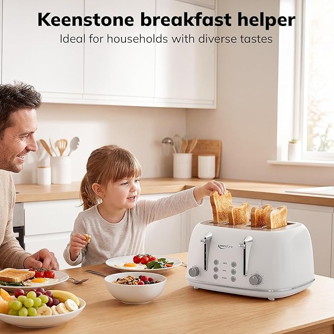 Keenstone Toaster 4 Slice Retro Stainless Steel Wide Slot Toaster with Dual Independent Controls 6 Browning Levels Bagel Defrost Reheat &amp Cancel Removable Crumb Tray White