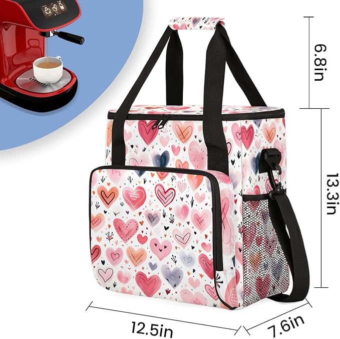 Pink Orange Heart Coffee Maker Carrying Bag Portable Travel Storage Tote Bag Compatible with K-Mini or K-Mini Plus Single Serve Coffee Brewer Carrying Case with Multiple Pockets &amp Shoulder Strap