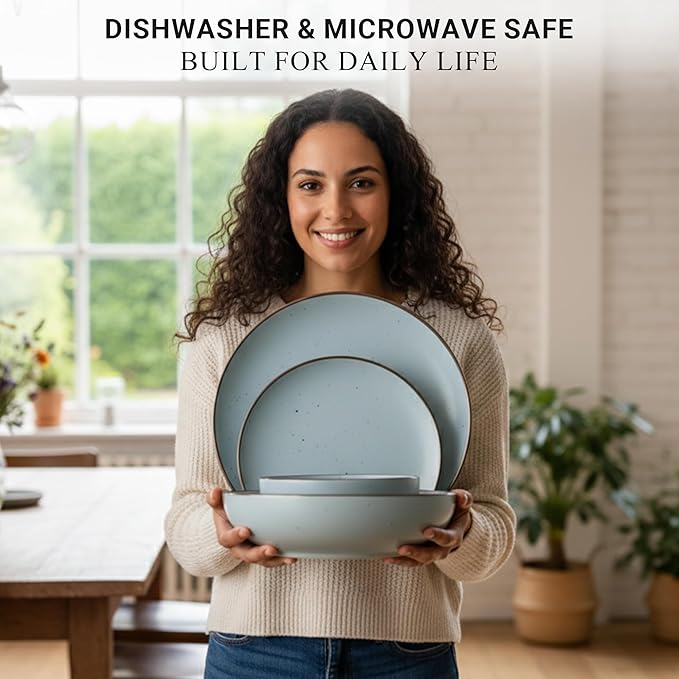 Dinner Set 16 PCS – Premium Ceramic Tableware in Blue – Includes 4 Dinner Plates 4 Side Plates 4 Rice Bowls &amp 4 Soup Bowls – Durable Stylish &amp Microwave Safe