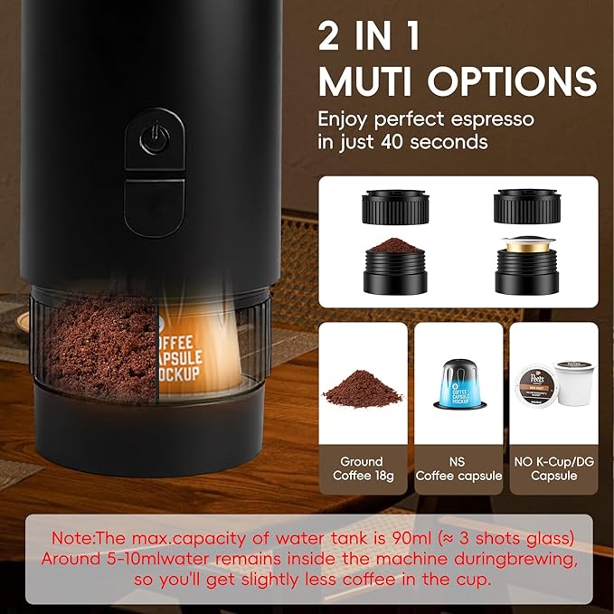 Portable Espresso Maker 20Bar Pressure &amp Up to 60 Cups per Charge Battery Operated Portable Coffee Maker Works with Ground Coffee &amp Capsules for Camping Car Travel and Office Use.