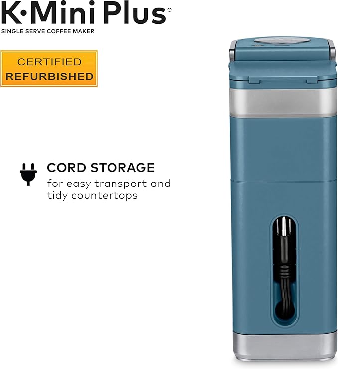 Keurig K-Mini Plus Coffee Maker Certified Refurbished Single Serve K-Cup Pod Coffee Brewer Comes With 6 to 12 oz. Brew Size K-Cup Pod Storage and Travel Mug Friendly Evening Teal (Renewed)