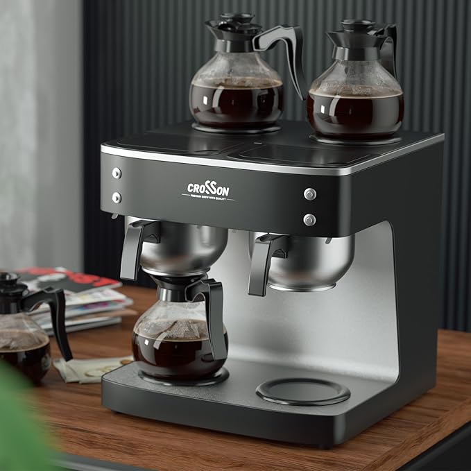 crosson 200 Cup/hour Commercial Drip Coffee Maker 7.2L Pour Over Coffee Brewer with 4 Glass Decanter&ampWarmers and Easy Clean Fingerprint Free Housing and 304 Stainless Steel Funnel