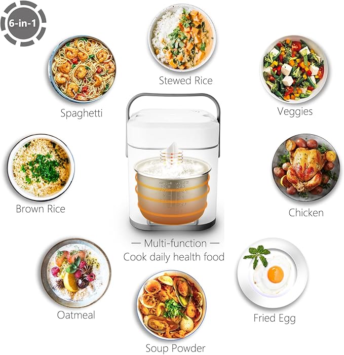 TLOG Mini Rice Cooker 2.5 Cups Uncooked Healthy Ceramic Coating Portable Cooker 1.2L Travel Small for 1-3 People Personal maker Food Steamer 12 Hours delay timer Multi-cooker Grains Oats